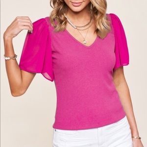 Fuschia Hot Pink Blouse - sheer flared puff sleeve blouse - new with tags